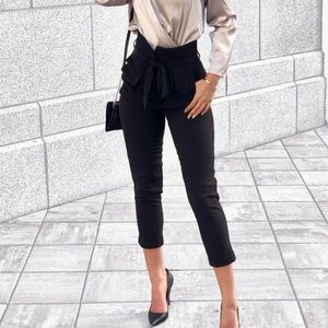 Black cropped high waist tie pants